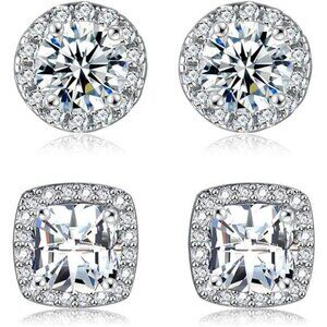 White Gold Cubic Zirconia Stud Earrings Set Round Square Diamond Look